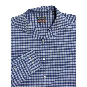 Van Heusen Shirt Mens 14.5 32/33 Blue Gingham Slim Stretch Stain Shield Dress‎